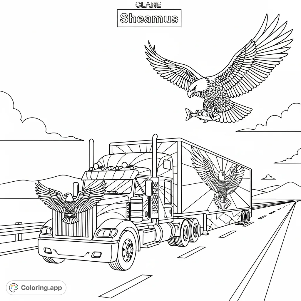 Color a powerful semi-truck with multiple bald eagles on a highway, featuring a prominent "Sheamus" name. A majestic and detailed scene!