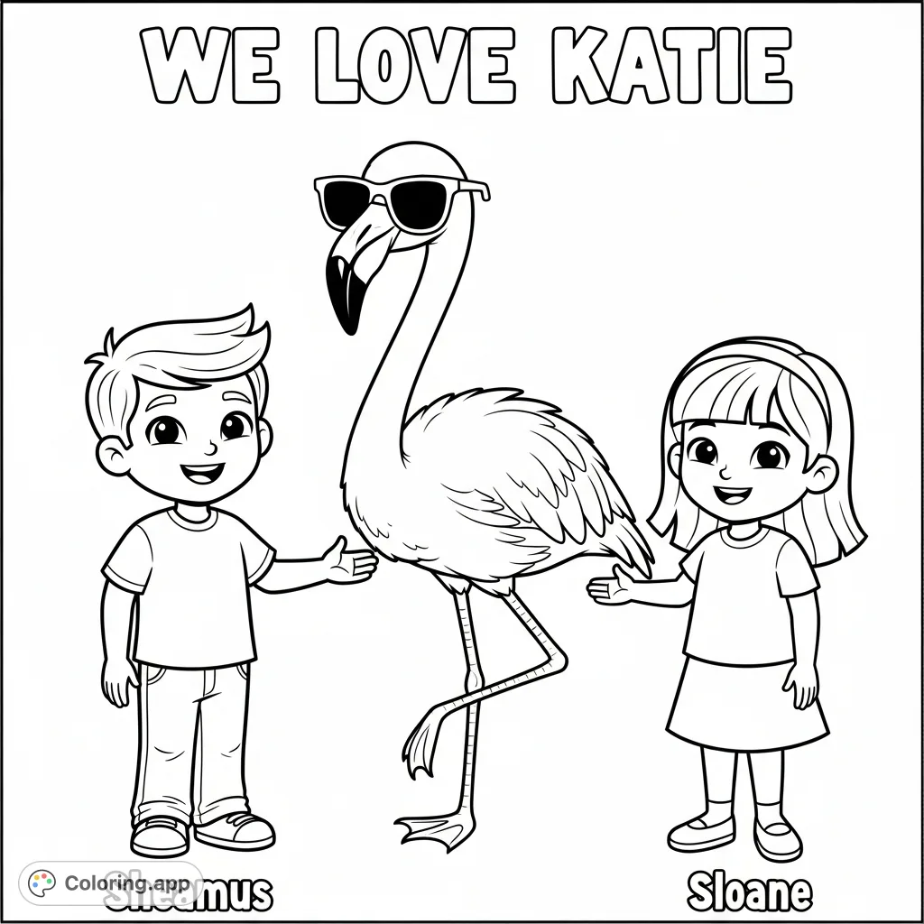 A charming flamingo with sunglasses stands between two smiling children. Features 'We Love Katie' text and personalized names. A fun, free printable coloring page!