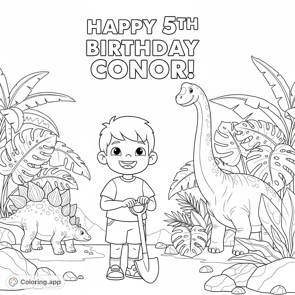 A delightful dinosaur birthday coloring page featuring cheerful Conor, friendly Brachiosaurus, and spiky Stegosaurus amidst tropical foliage and scattered rocks.