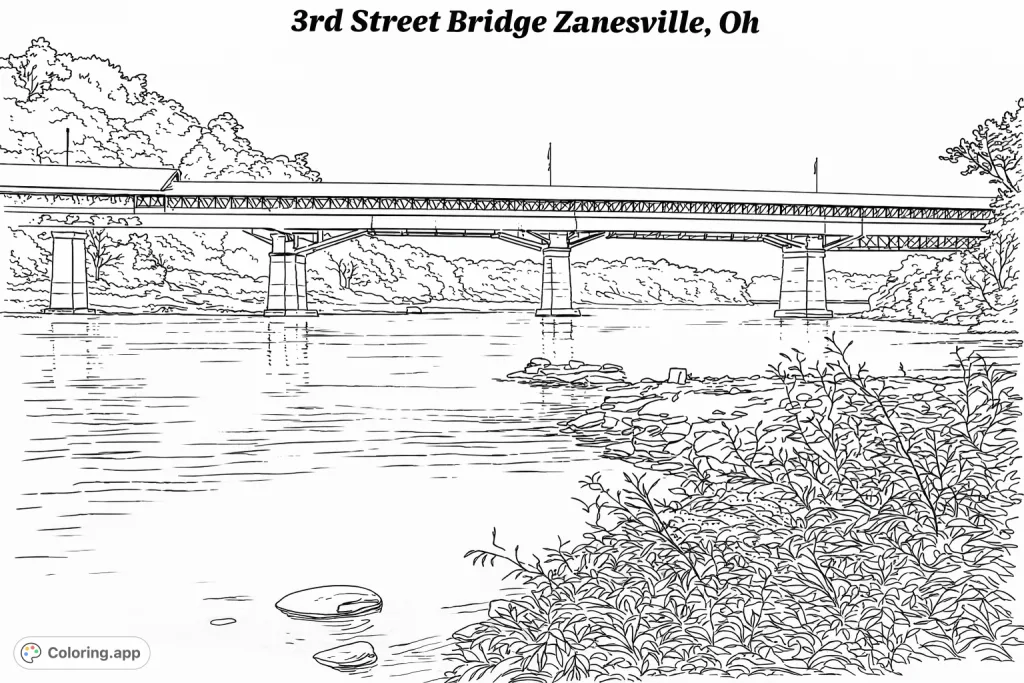 Explore this historic covered bridge spanning a tranquil river scene. Features intricate bridge details, lush riverbanks, and calm water reflections for a captivating coloring experience.