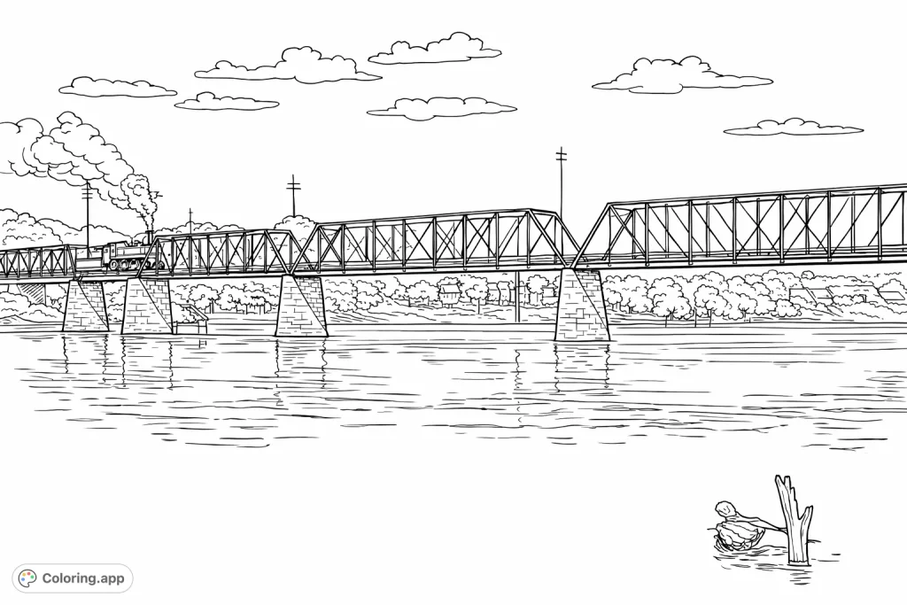 Journey back in time with this historic bridge coloring page. Intricate truss details, a wide river, and distant cityscape offer a relaxing and detailed coloring experience.
