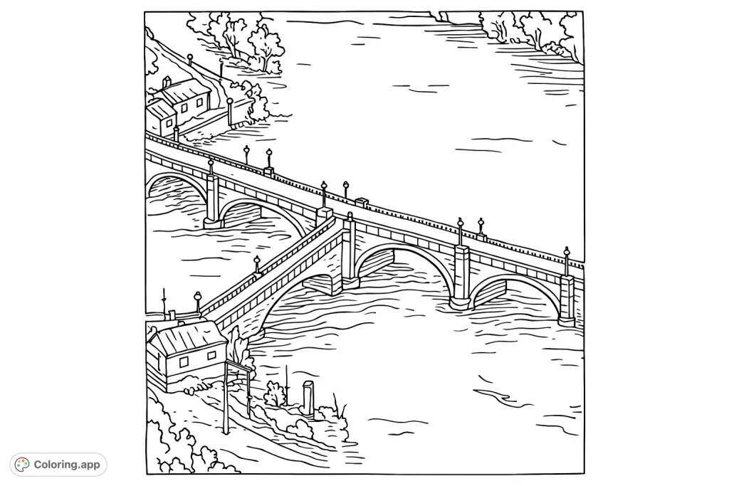 Explore an intricate historic Y-shaped bridge spanning a river, featuring detailed architecture, river views, and surrounding structures. A fascinating bridge coloring page.