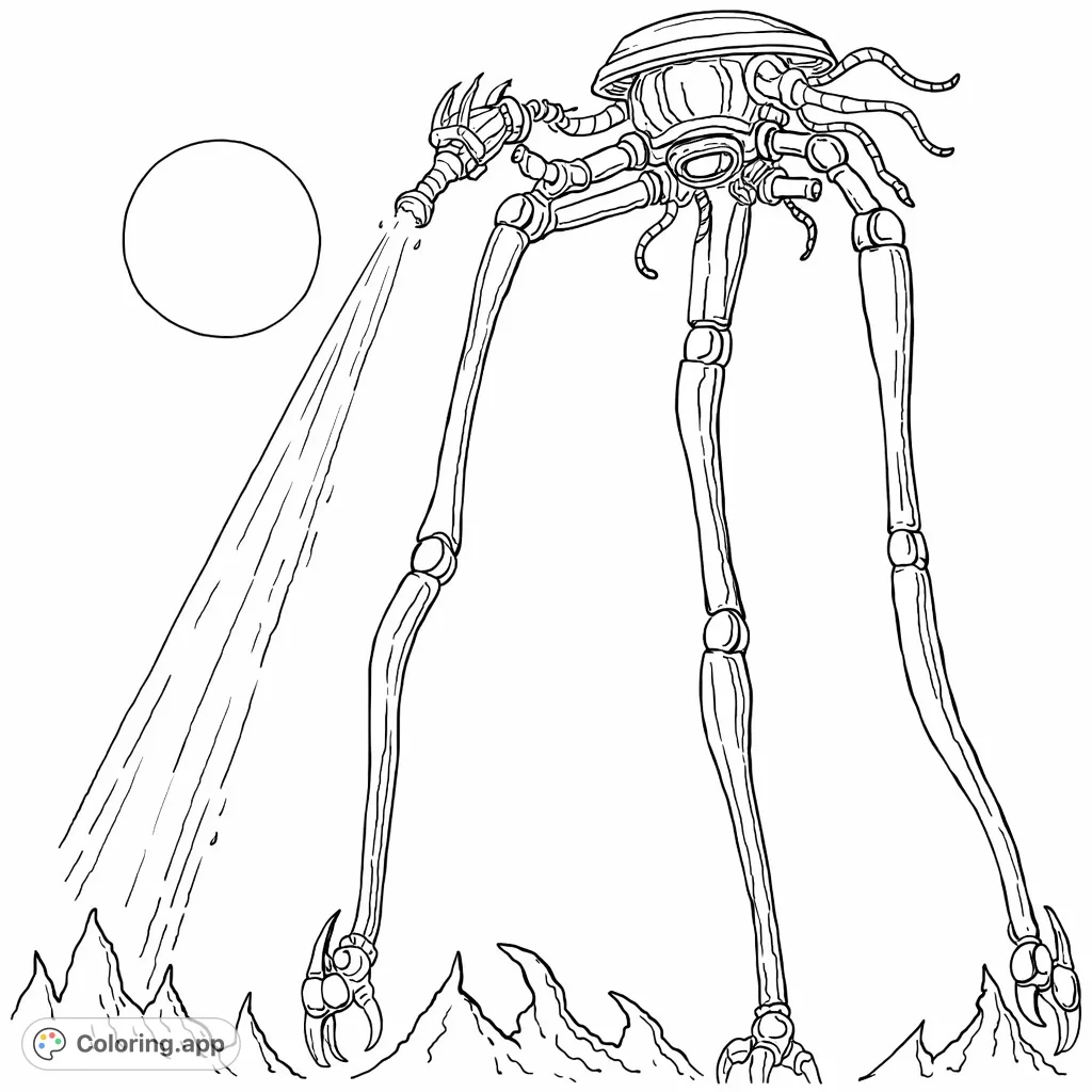 Explore a thrilling futuristic cityscape coloring page featuring a towering tripod machine, emitting a powerful beam under a celestial glow. A detailed sci-fi adventure.