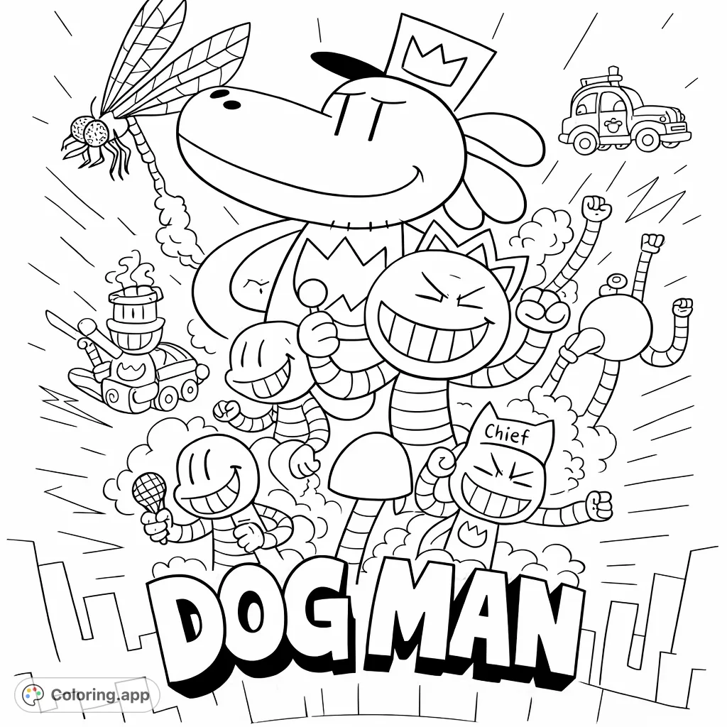 Unite with Dog Man and his friends in this action-packed coloring page. Featuring favorite characters and dynamic scenes from the popular series.