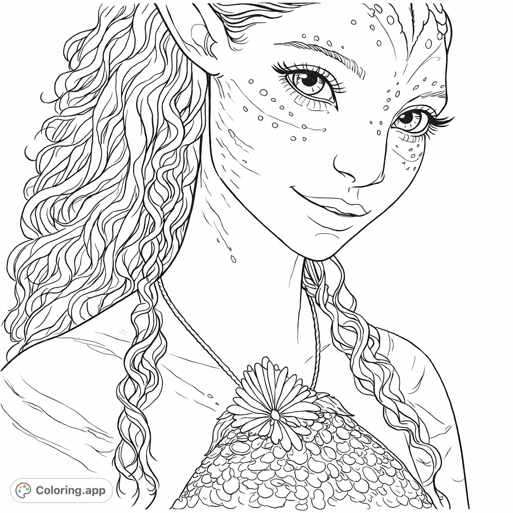 Color this detailed portrait of an otherworldly being with pointed ears, patterned skin, and a unique pendant, inviting creative expression.