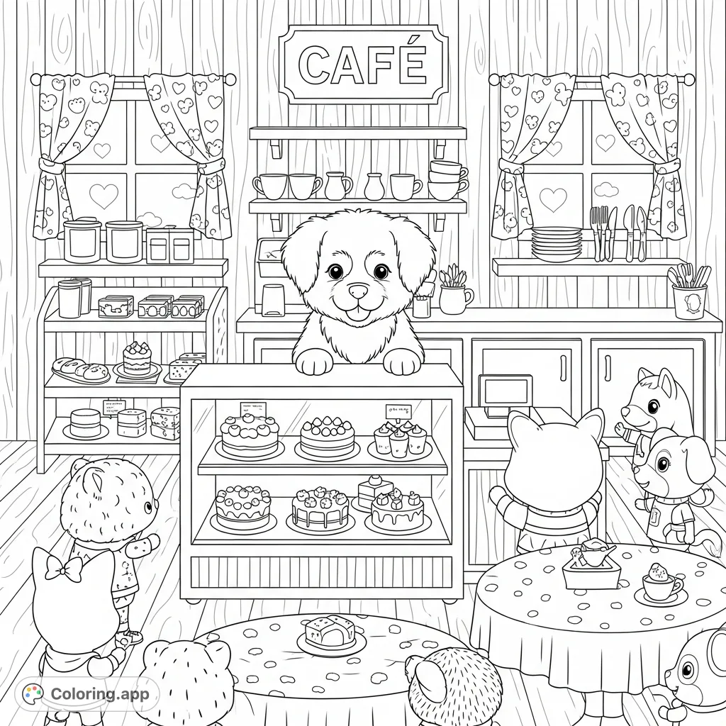A charming scene inside a cozy bakery, featuring an adorable puppy serving delightful cakes and pastries to a line of animal patrons. Perfect for all ages.