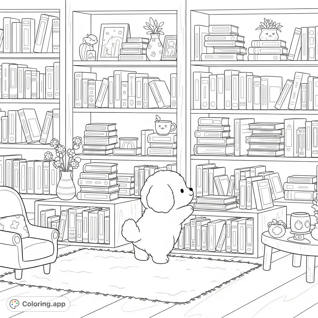 A delightful scene of a fluffy puppy exploring a cozy bookshop, surrounded by tall bookshelves, a soft rug, and a comfy reading chair. Perfect for a calming coloring escape.