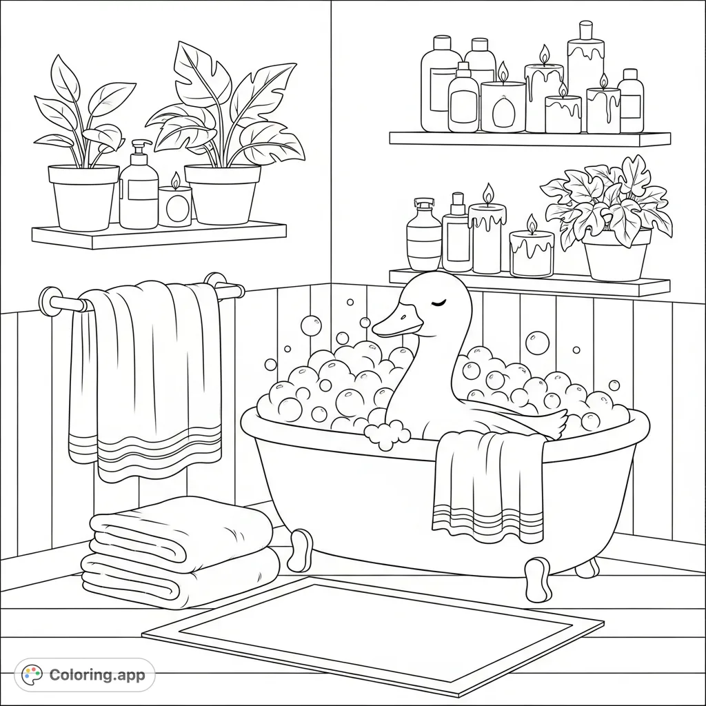 A charming, detailed cozy bathroom scene featuring a cute, rounded goose enjoying a bubble bath with fluffy towels, plants, and decorative objects.