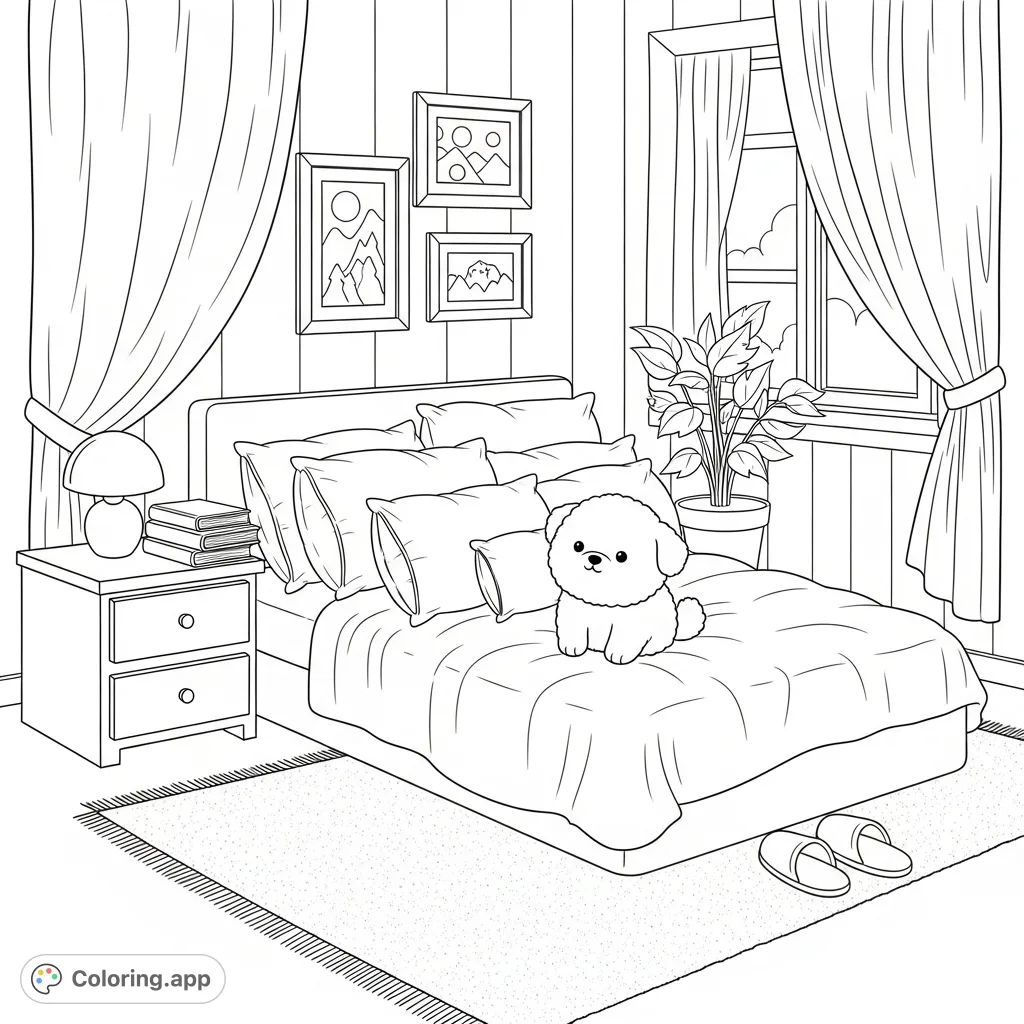 Discover a highly detailed cozy bedroom coloring page featuring a fluffy puppy on a soft bed, surrounded by inviting furnishings and decor.