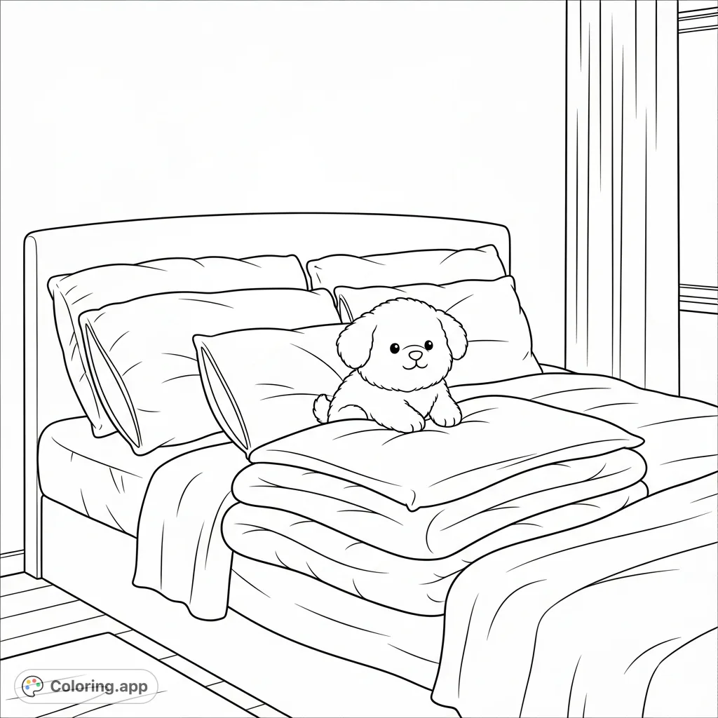 A charming coloring page featuring a cute, fluffy puppy nestled on a soft bed with abundant pillows and blankets, creating a perfectly cozy bedroom scene.