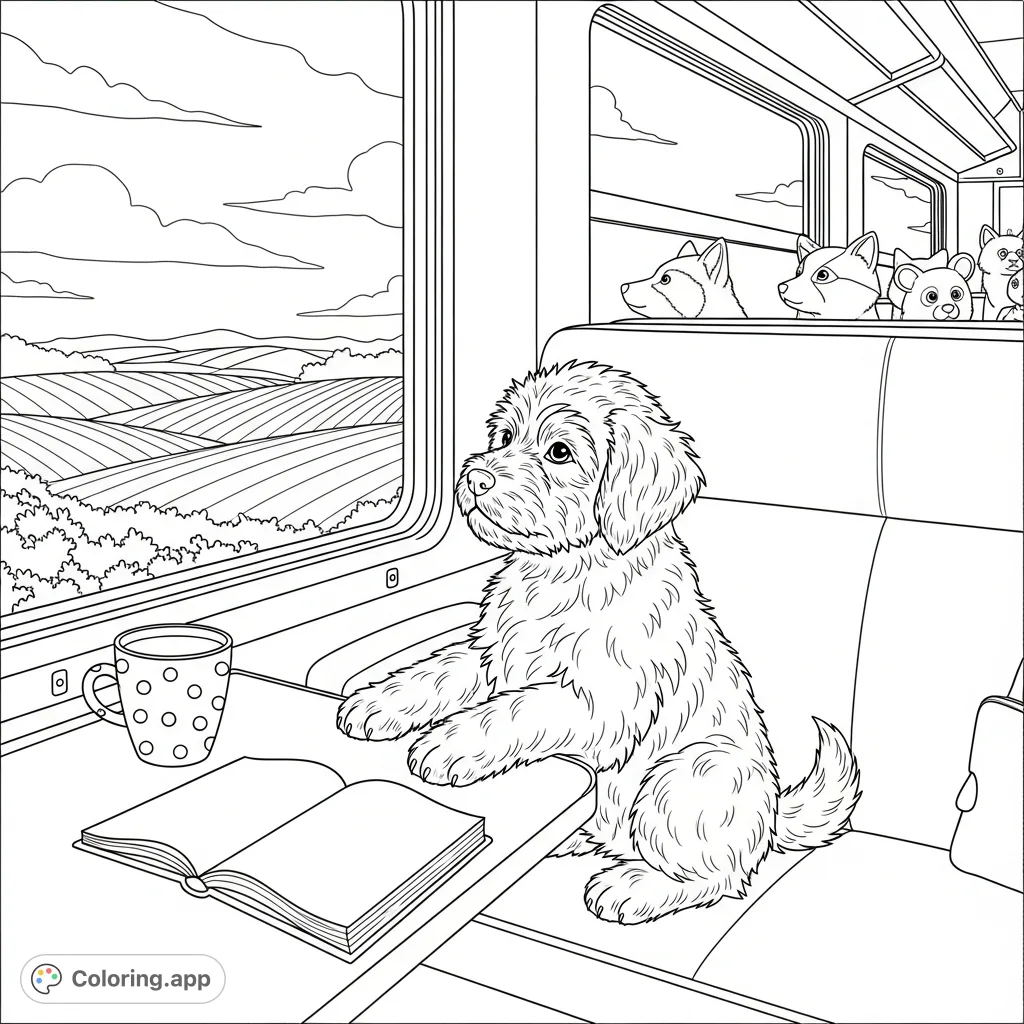 Embark on a delightful journey with a fluffy puppy and its animal friends on a cozy train. A charming scene for all ages, perfect for relaxation and imagination.