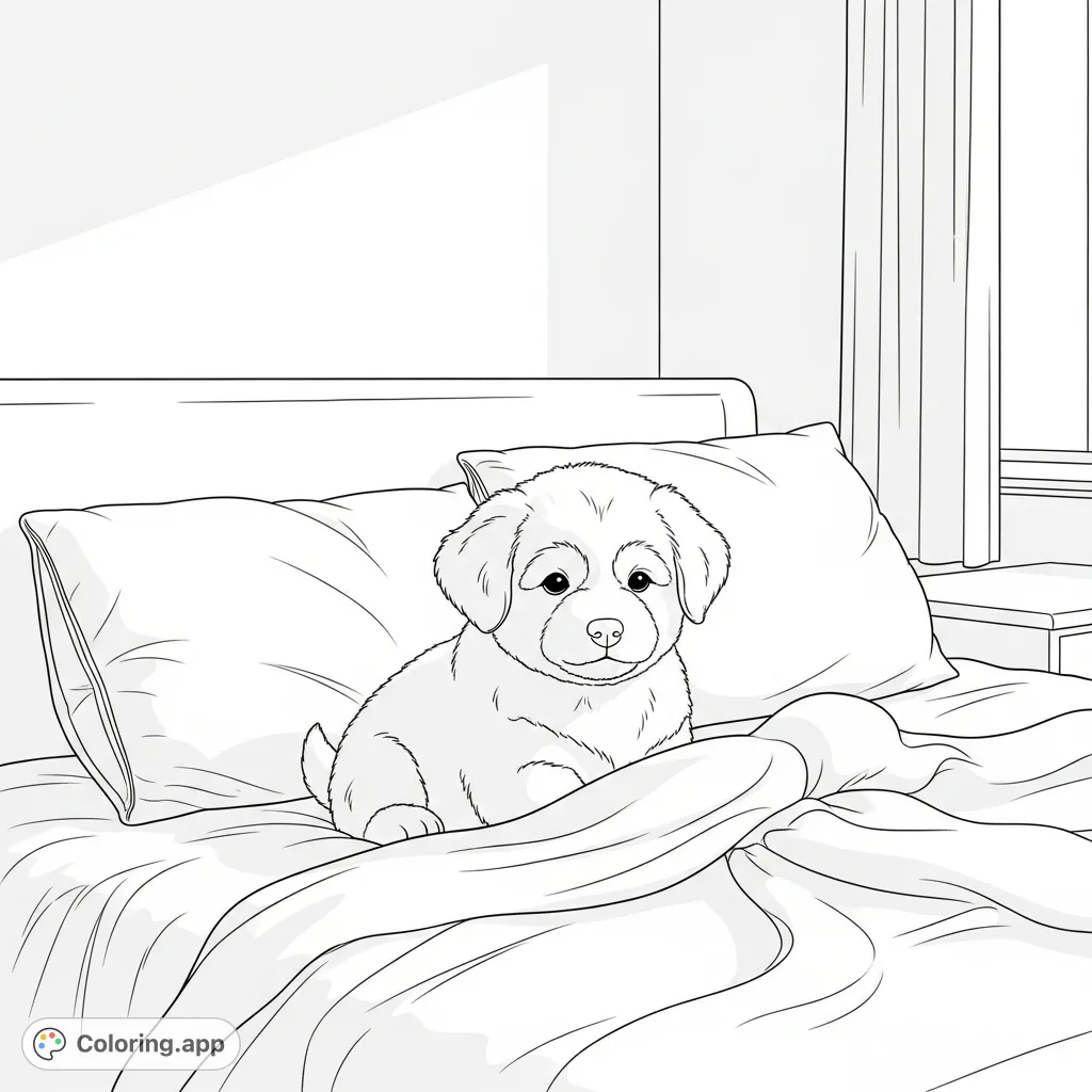 A sweet, fluffy puppy rests on a soft bed in a cozy bedroom with layered blankets and pillows, inviting a serene and relaxing coloring experience.