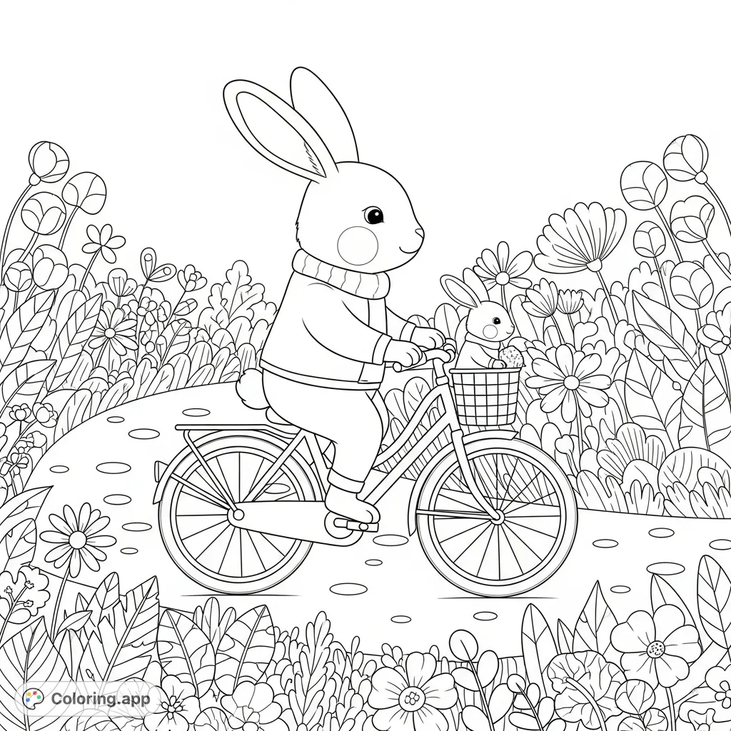 Hop into a delightful scene of a big rabbit and a baby rabbit on a cozy bicycle ride, surrounded by cheerful flowers and lush plants along a winding path.