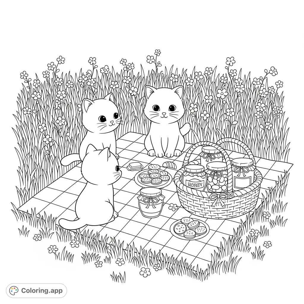 A delightful scene featuring three cute cats enjoying a picnic on a checkered blanket, surrounded by honey jars, snacks, and a field of grass and flowers.
