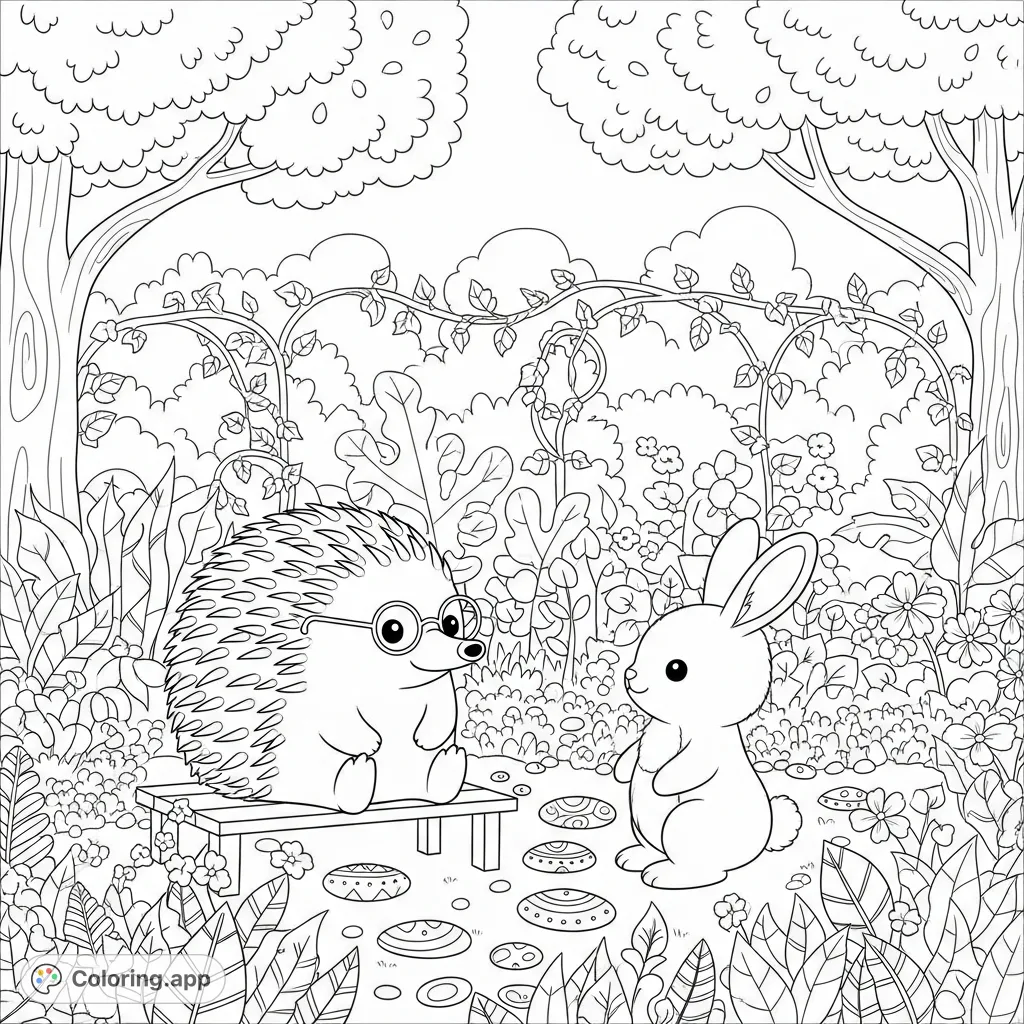 A charming garden scene featuring a cute, spectacled echidna and a soft bunny rabbit chatting on a bench amidst detailed plants and flowers.