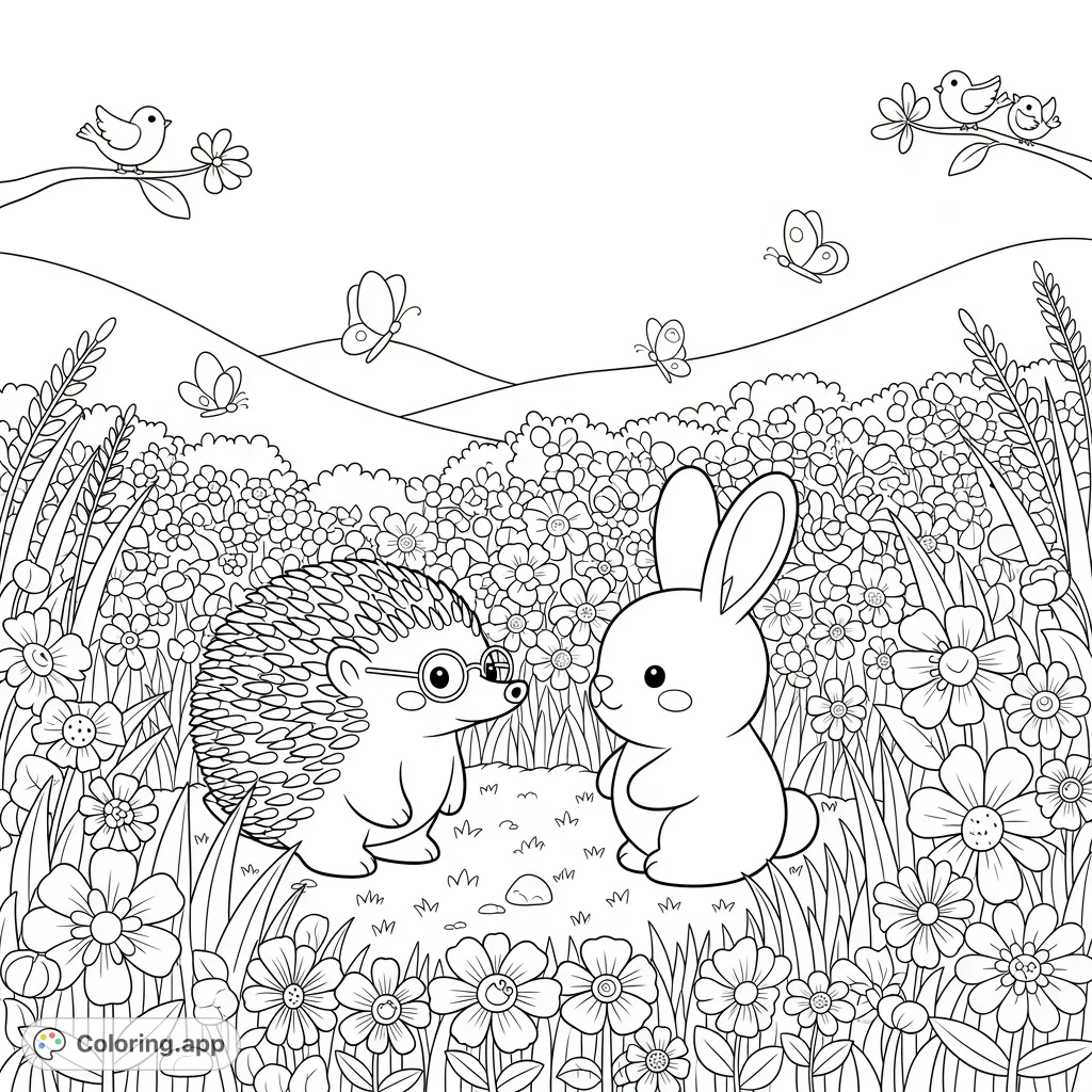 Discover a charming flower meadow coloring page featuring a cute echidna in glasses chatting with a soft bunny amidst layered flowers, grass, and butterflies.