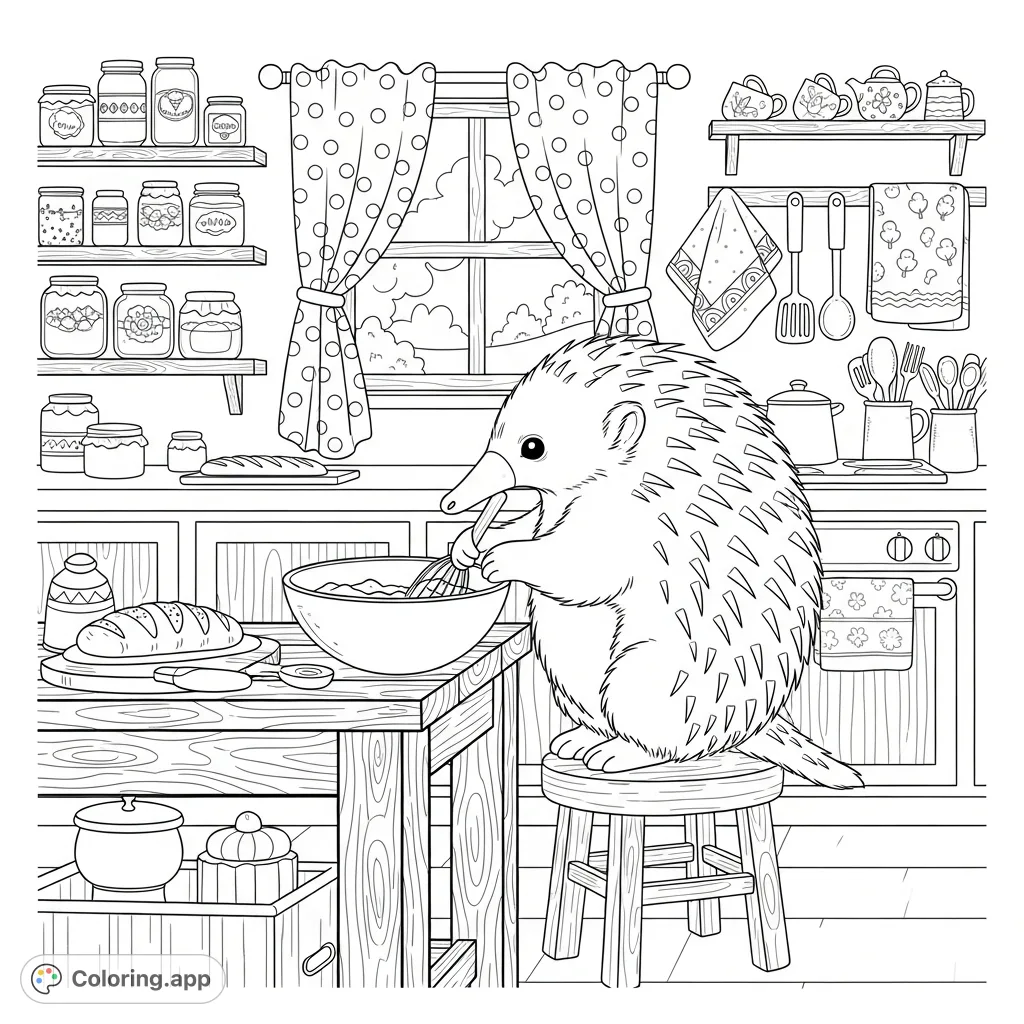 A charming coloring page featuring a fluffy echidna baking in a cozy kitchen, complete with a wooden island, shelves of goodies, and polka dot curtains.