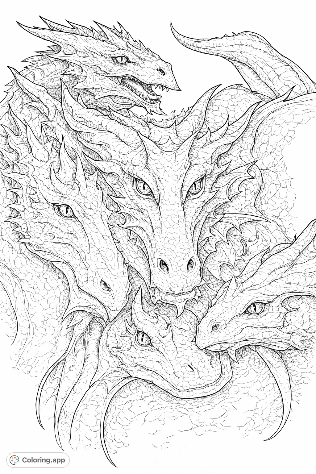 Immerse yourself in a world of mythical creatures with this highly detailed dragon coloring page. Explore intricate scales, expressive eyes, and powerful forms.