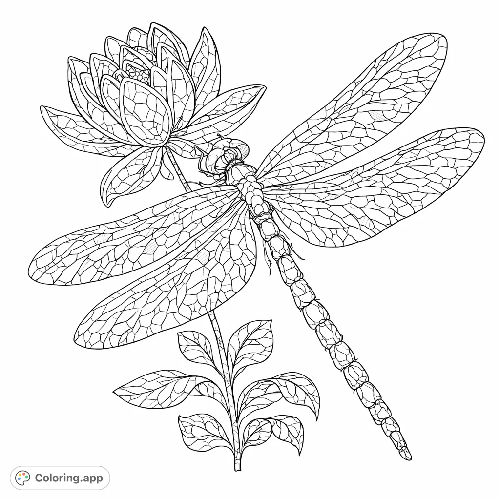 An intricate dragonfly coloring page with mosaic-patterned wings and a detailed blooming flower. Perfect for mindful coloring and creative expression.
