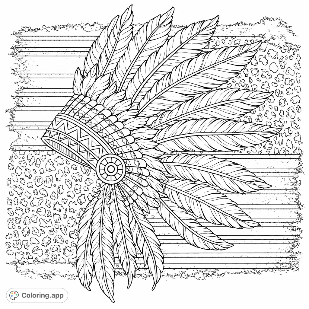 An intricate feather headdress with detailed patterns and a bold, textured background. Perfect for creative expression and cultural appreciation in your coloring.