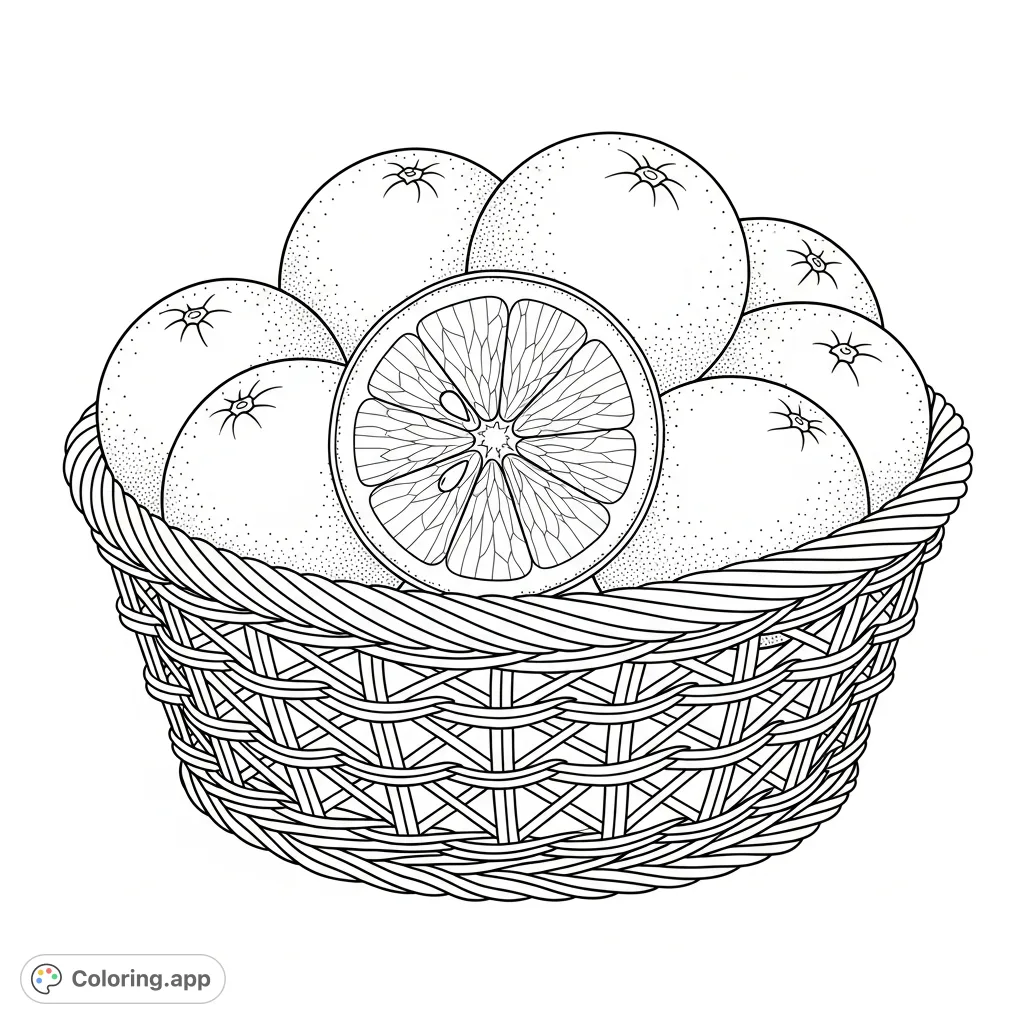 A delightful fruit basket with whole oranges and a detailed orange slice, set in a woven wicker basket. Perfect for fruit-themed coloring fun.