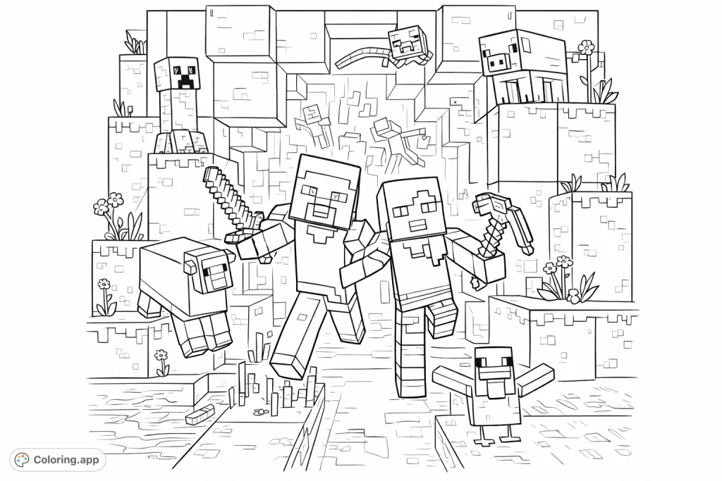 Embark on a block-filled adventure! Two heroes face a world of creatures and landscapes, ready for exploration and creative coloring. Perfect for fans!