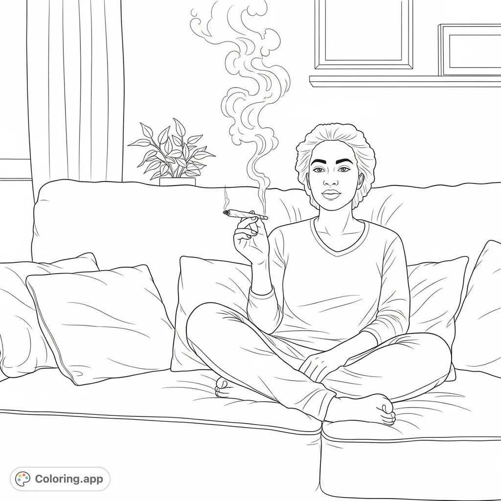 An African American woman relaxes on a couch, gently exhaling smoke from a hand-rolled item in a tranquil domestic setting. Perfect for adult colorists.