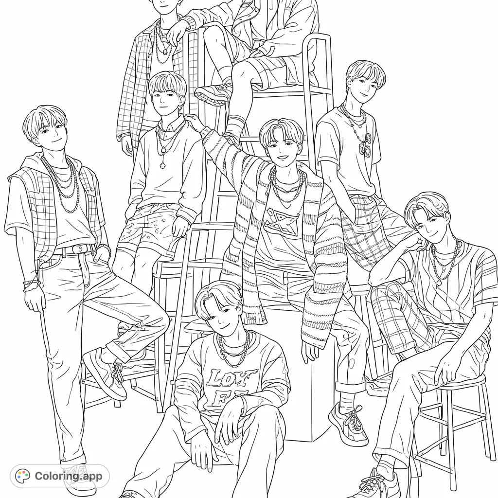 Capture the energetic poses and trendy fashion of a pop music group. This detailed free printable pop music group coloring page is perfect for fans and fashion enthusiasts.
