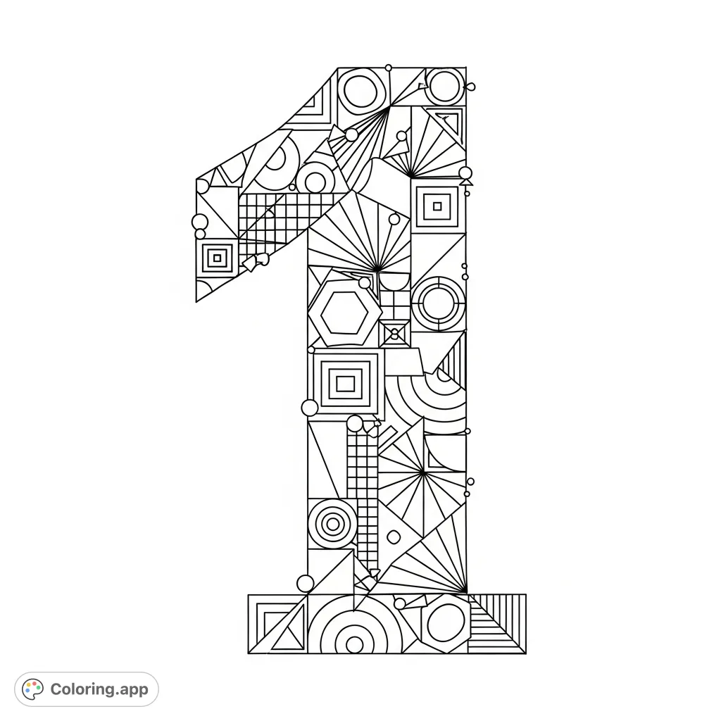 A unique number 1 coloring page, crafted from diverse geometric shapes. Explore intricate patterns and bring this mathematical design to life.