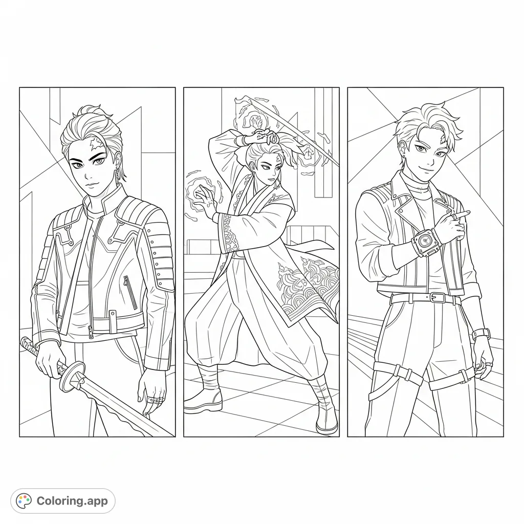 Unleash your creativity with this K-Pop demon hunter coloring page! Features three stylish heroes in dynamic poses, ready for action in individual frames.