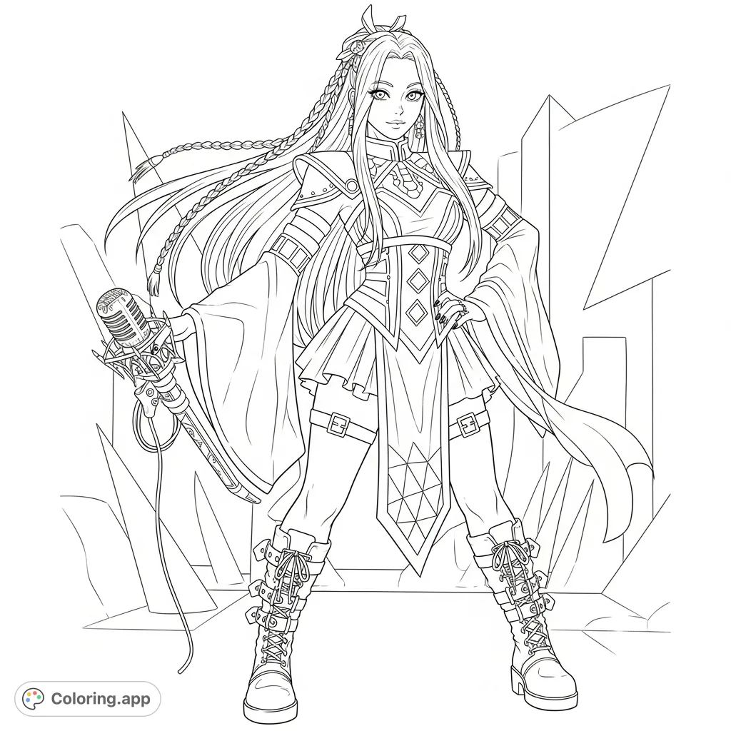 An action-packed Rumi from K-pop Demon Hunters, posed dynamically with her microphone-weapon amidst abstract urban structures. Perfect for fans!