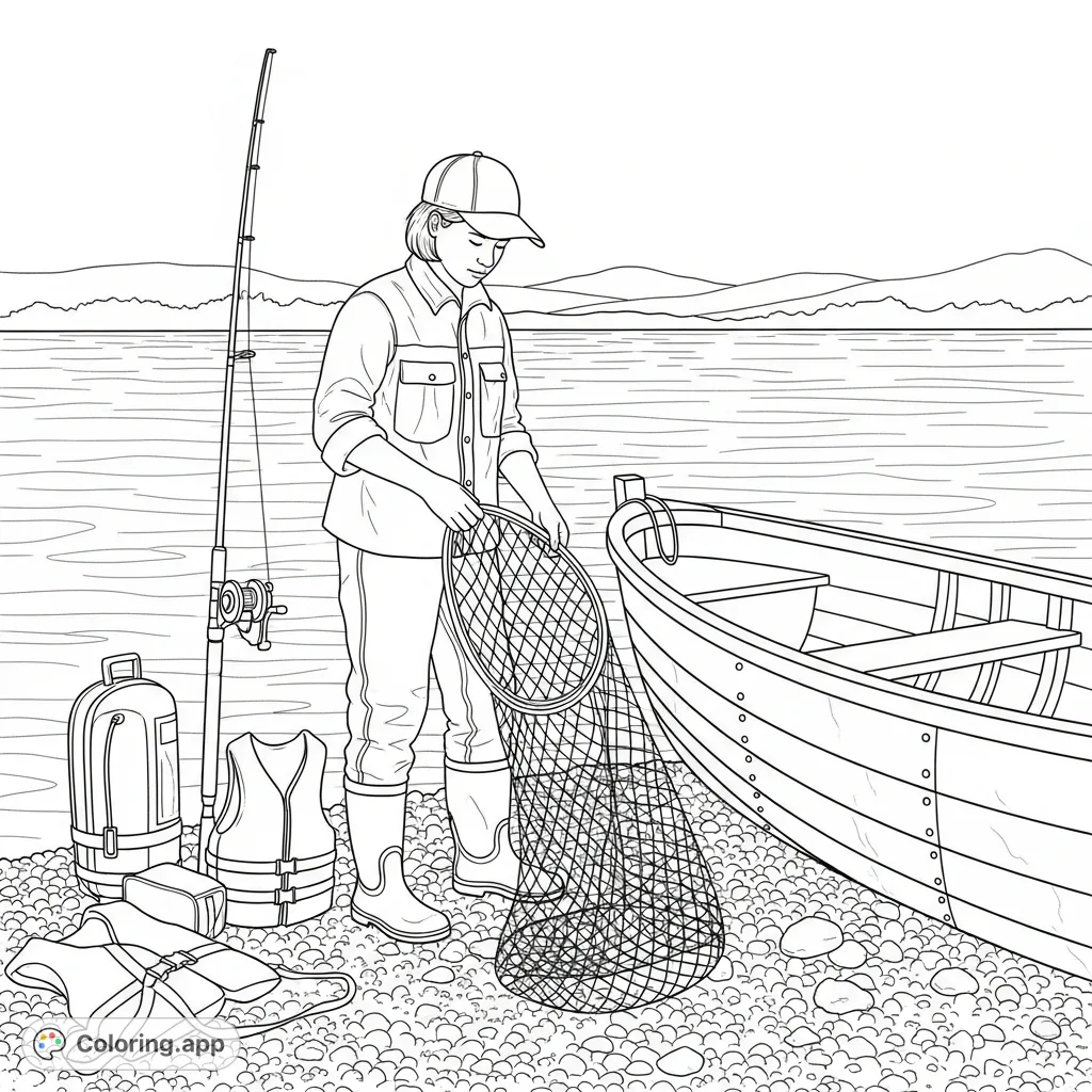 A detailed fishing preparation coloring page, showing a fisher with boat, net, and rod by the water. Perfect for nature lovers!