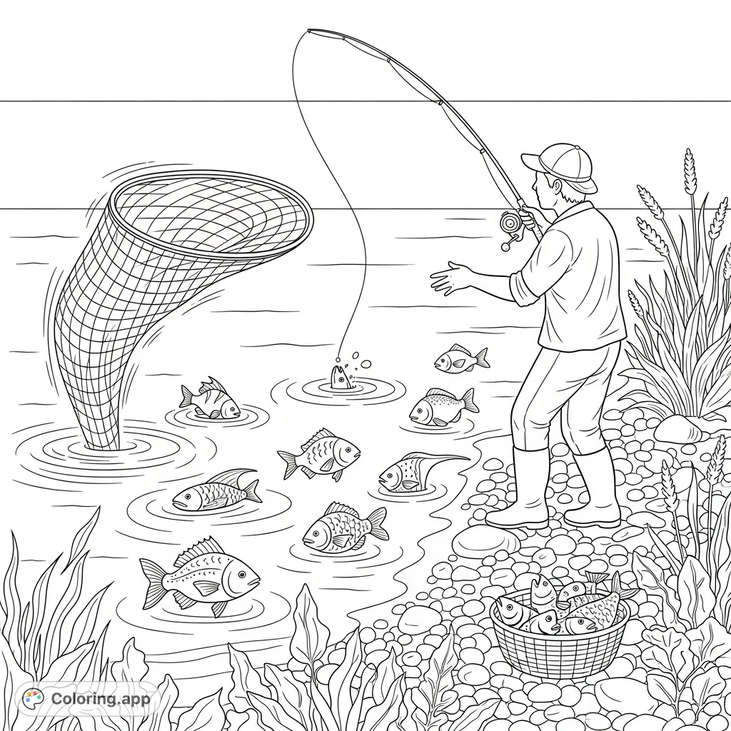 Engage in a peaceful fishing scene with a person casting a net or holding a rod, surrounded by various fish and tranquil waters. Perfect for all ages.