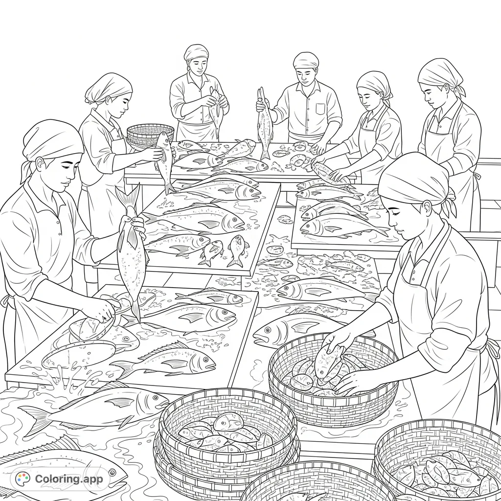 Dive into a detailed fish market scene! Individuals meticulously clean and sort a diverse catch, from large to small, preparing them for sale. A busy, engaging marine life coloring page.
