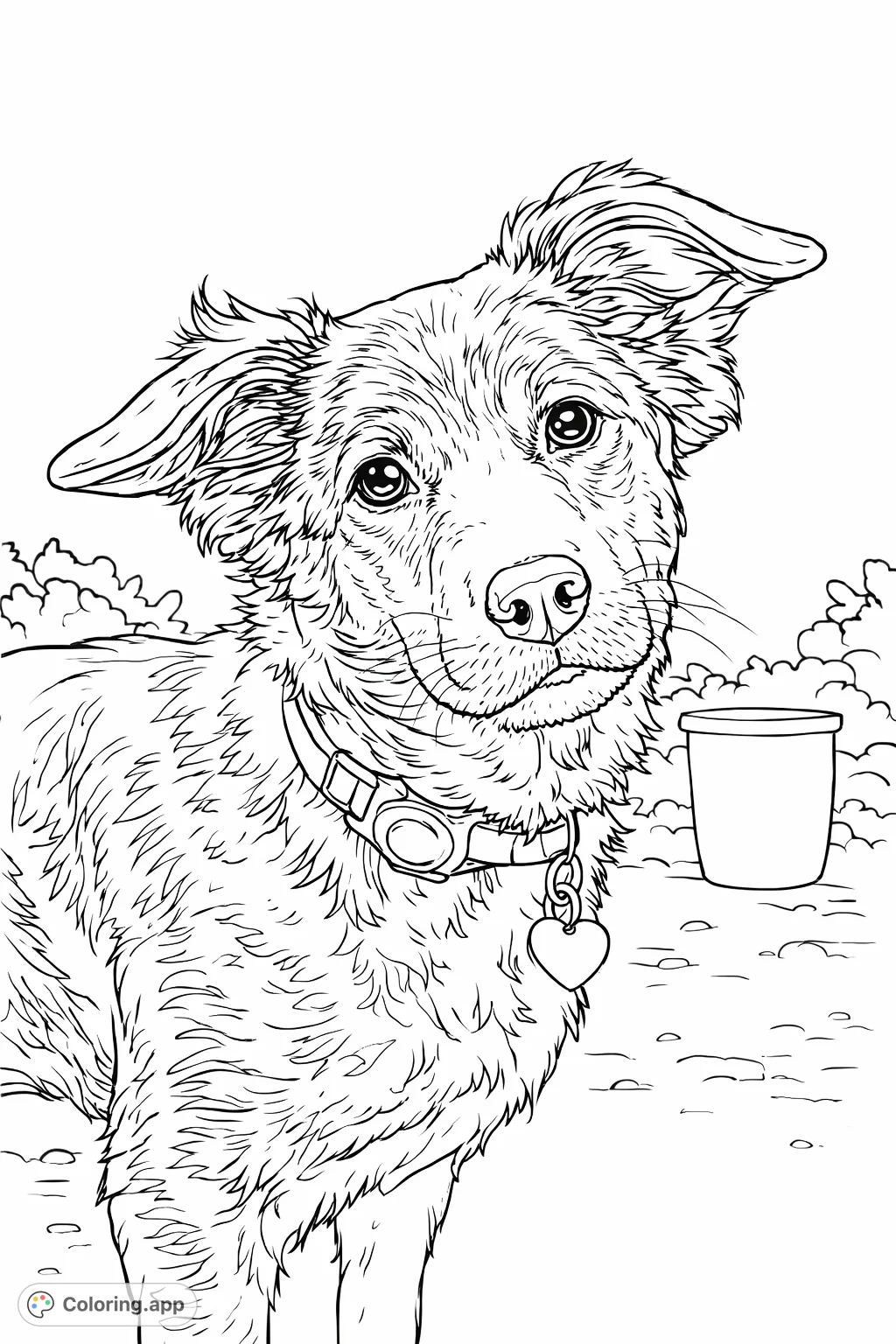 Discover this endearing puppy coloring page! Featuring a sweet dog with a tilted head and expressive eyes, wearing a collar and tag, ready for your creative touch.
