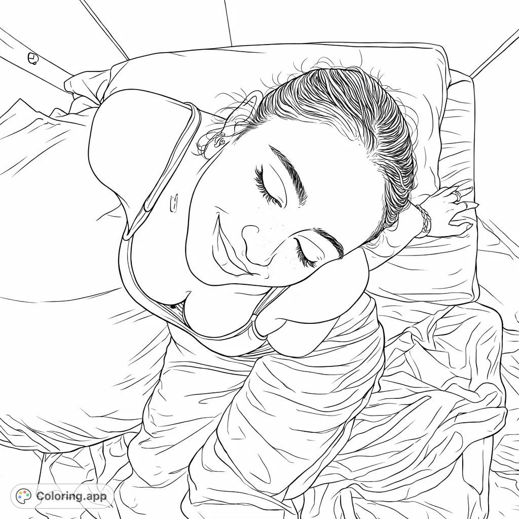 Capture a serene moment with this unique overhead portrait of a smiling person resting in bed. A tranquil scene for mindful coloring.