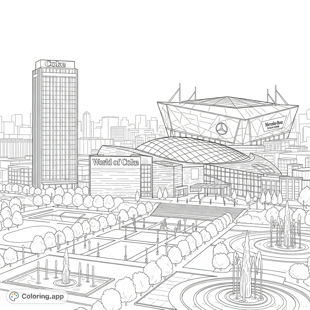 Explore downtown Atlanta with this intricate coloring page featuring the World of Coke, Georgia Aquarium, Mercedes-Benz Stadium, and Centennial Olympic Park.