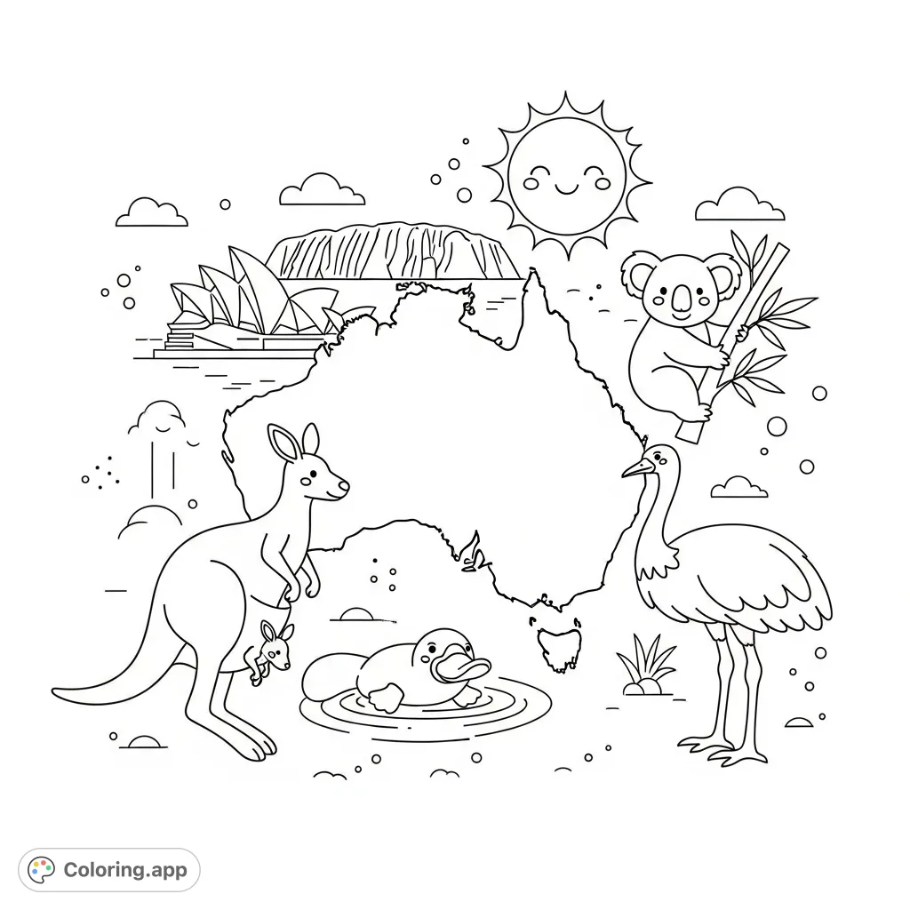 Explore Australia with this free printable coloring page! Features native animals like kangaroos and koalas, plus famous landmarks. Perfect for young learners!