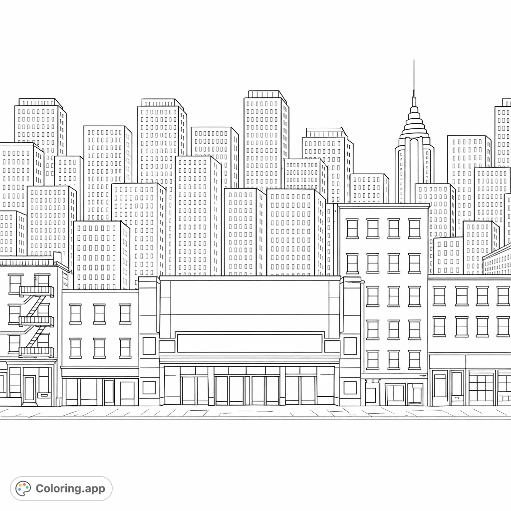 Explore a detailed cityscape with towering skyscrapers, intricate window patterns, and street-level buildings, offering a complex urban panorama for colorists.