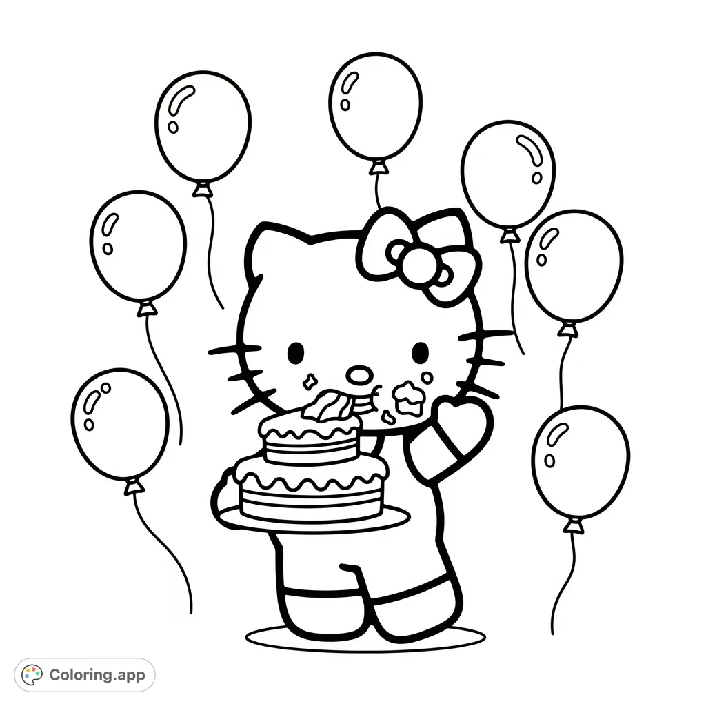 Join a cheerful Hello Kitty as she celebrates, eating a multi-layered cake amidst floating balloons. Her dancing pose and waving arm create a festive scene.
