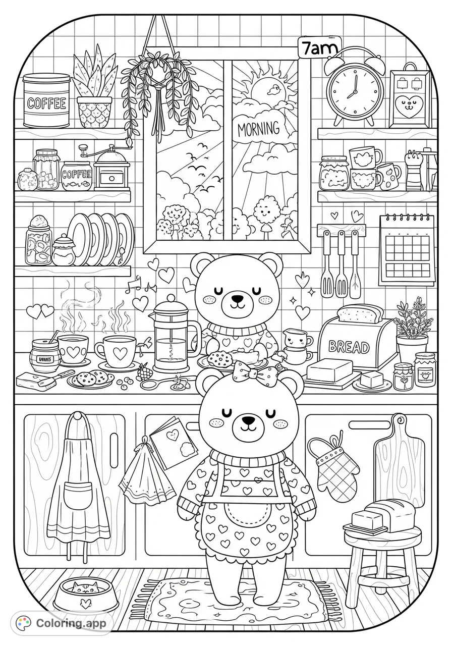 A delightful, detailed kawaii kitchen scene featuring a charming, sleepy bear making coffee. Packed with cozy elements, this free printable coloring page is perfect for all ages.