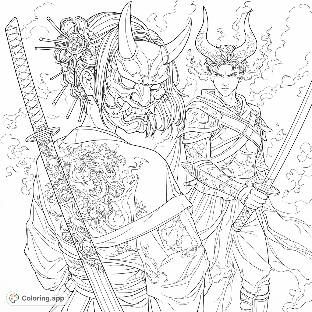 A compelling scene featuring a masked figure with a katana and a horned warrior with a sword, surrounded by ethereal mist. Intricate details await your creative touch.