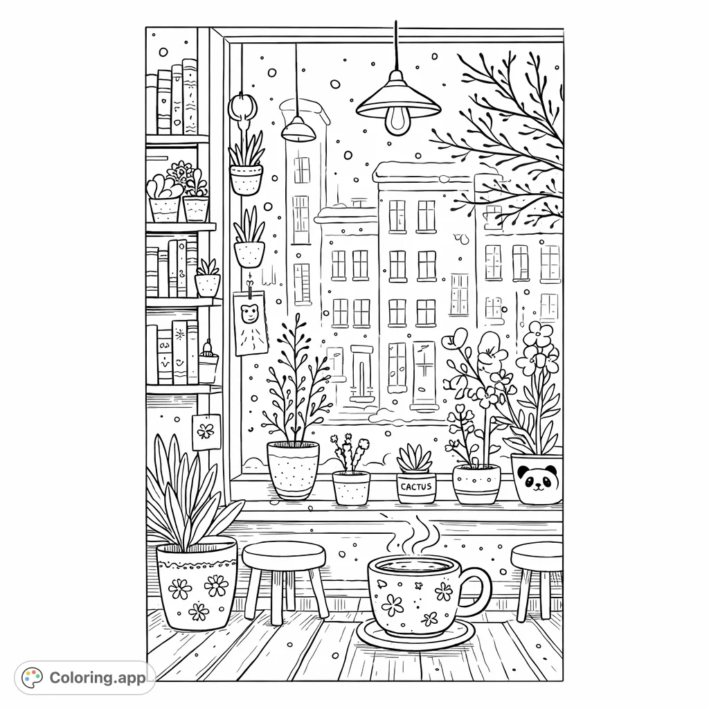 A charming winter scene featuring a steaming mug on a table, numerous potted plants, and snow falling outside a window overlooking a cityscape.