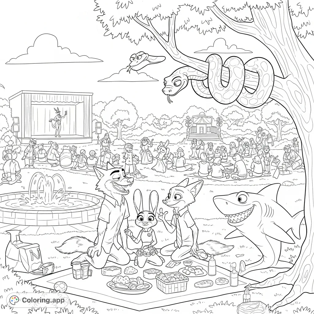 A lively picnic at Sahara Square park featuring characters from 'The Bad Guys' alongside Zootopia citizens, enjoying snacks, music by Gazelle, and playful splashes.