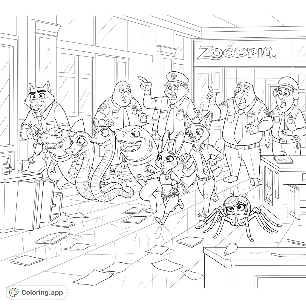 Join Mr. Wolf and his crew in a wild Zootopia HQ escape, pursued by Judy Hopps and Nick Wilde amidst overturned desks and scattered papers. A dynamic scene!