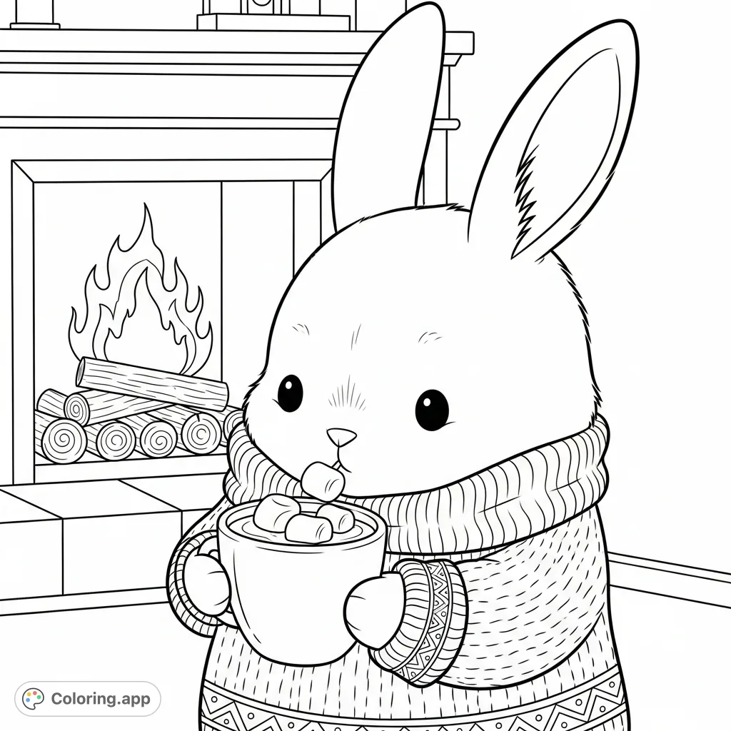 An adorable bunny in a sweater sips hot cocoa with marshmallows by a warm fireplace. A charming and cozy winter hygge scene.