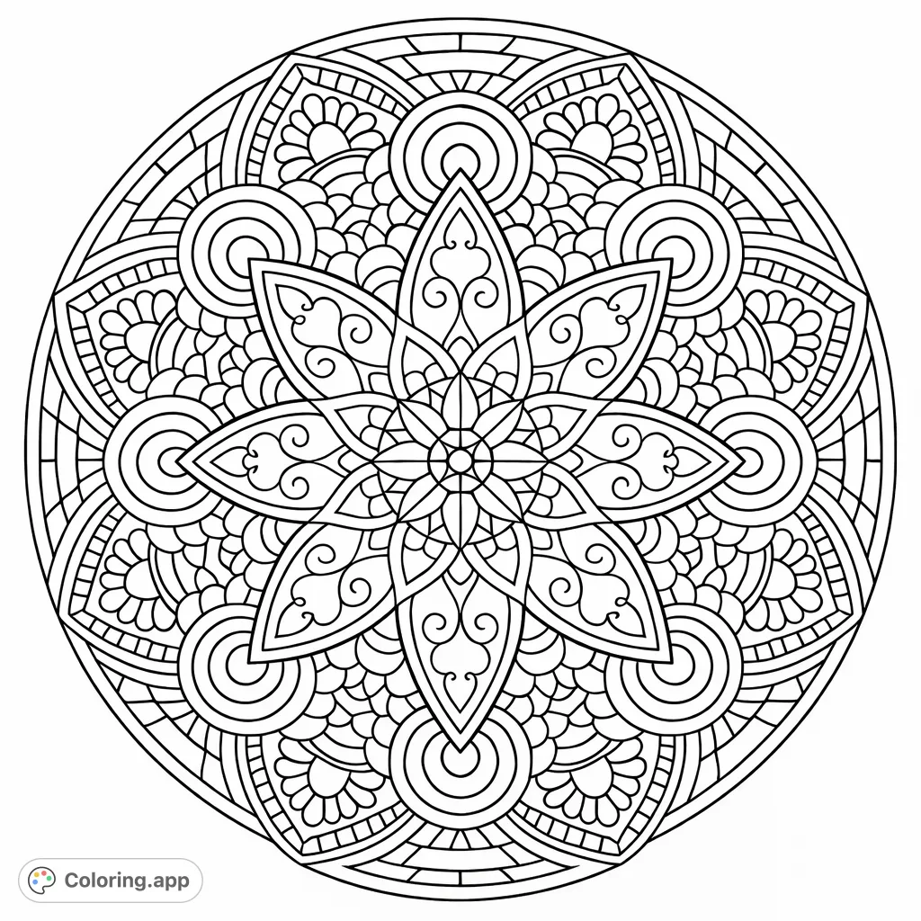 Dive into serene symmetry with this intricate mandala design. Featuring elegant petals, swirls, and detailed patterns, it offers a meditative coloring experience.