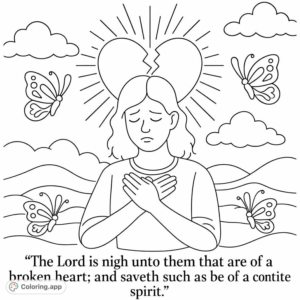 A reflective woman with a broken heart, surrounded by butterflies and clouds, conveys emotions of solace and hope. Perfect for quiet contemplation.