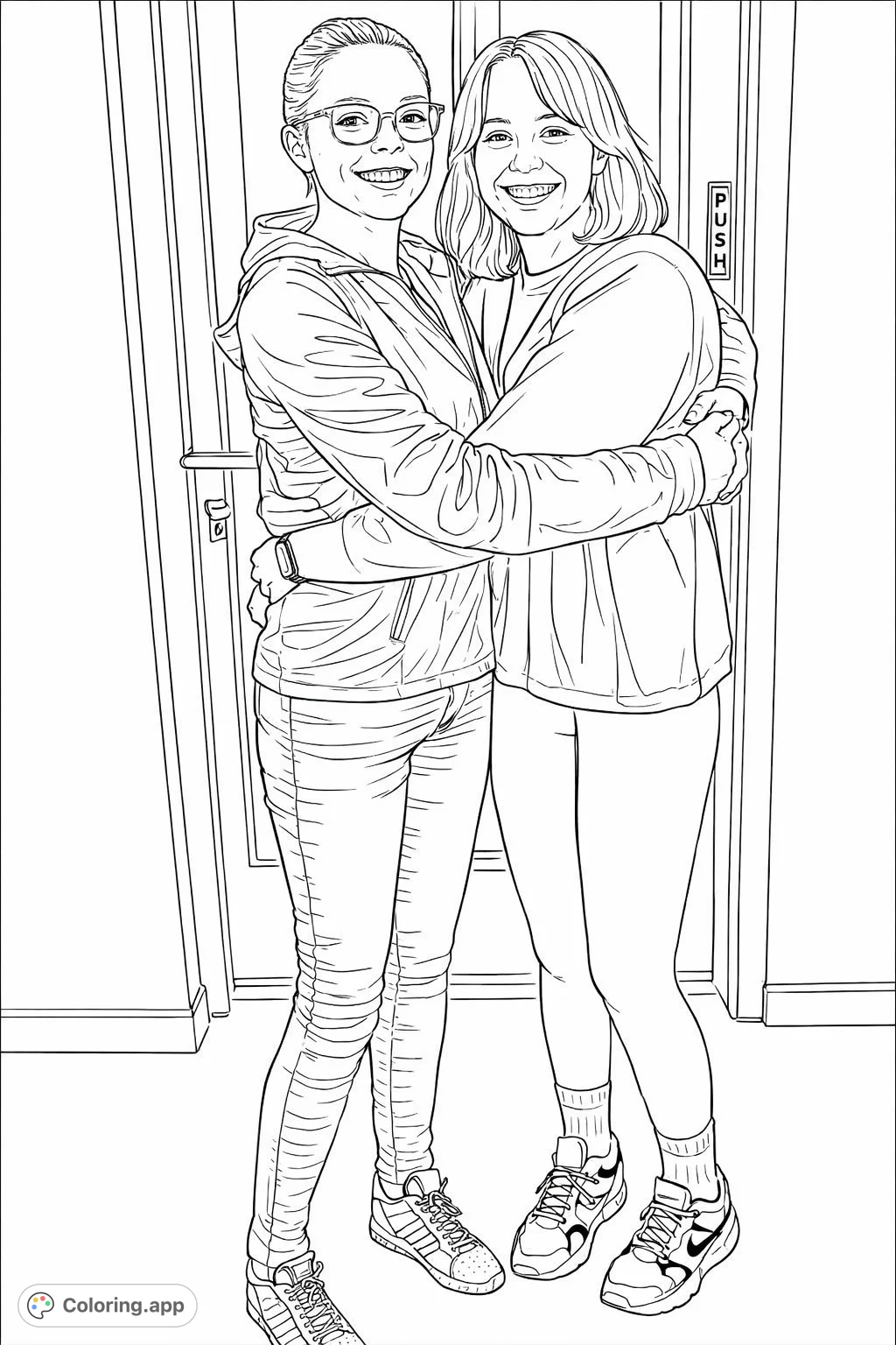 Capture a moment of joy with this two friends embracing coloring page, featuring detailed clothing and smiling faces.