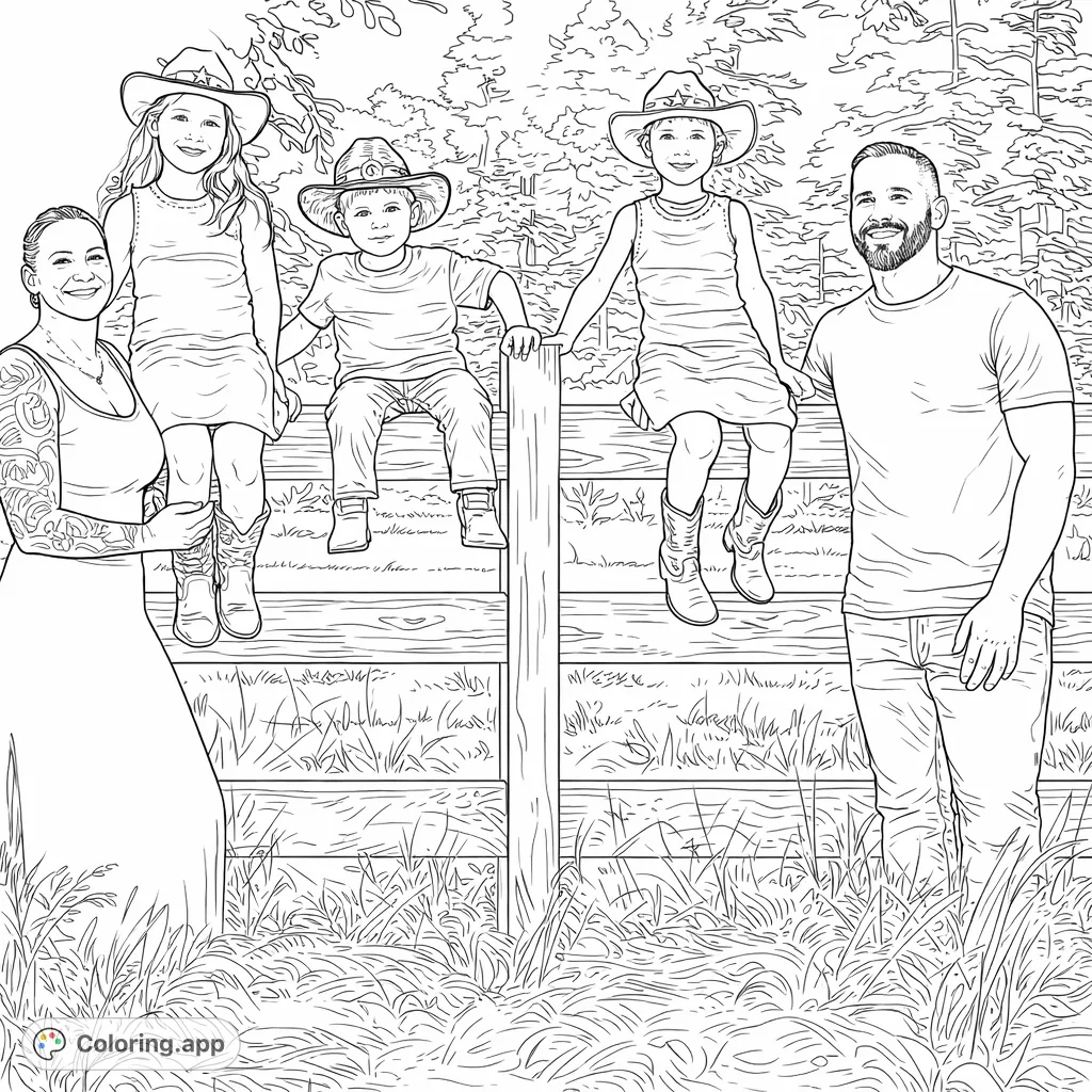 Capture the spirit of family in a charming western setting with this delightful coloring page featuring adults and children in cowboy attire by a fence.